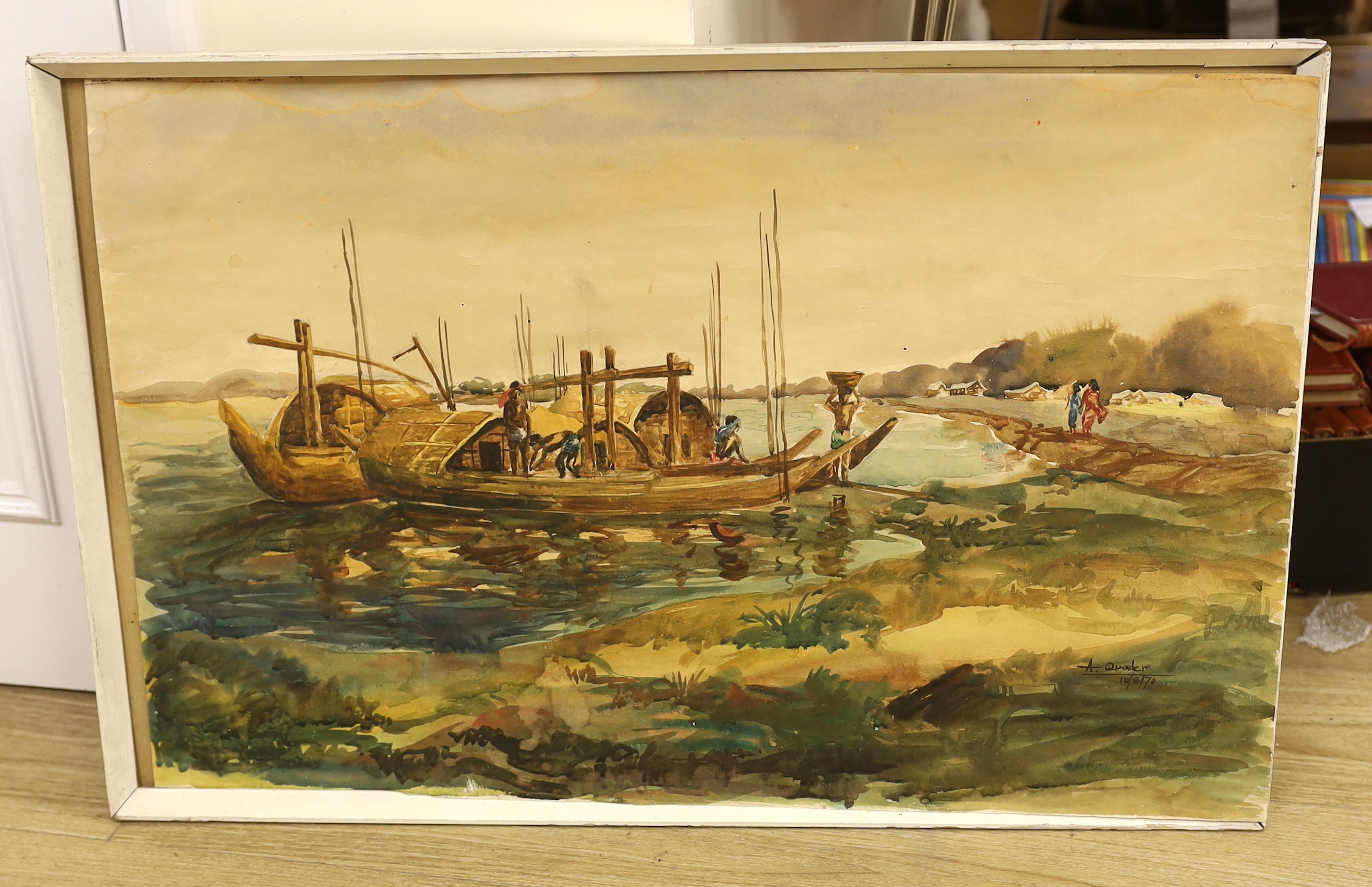 A. Quader, watercolour, Malaysian coastal scene, signed and dated '70, 49 x 75cm